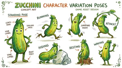 Fototapeta premium Zucchini Character Poses - Concept Art for Game Asset Design.
