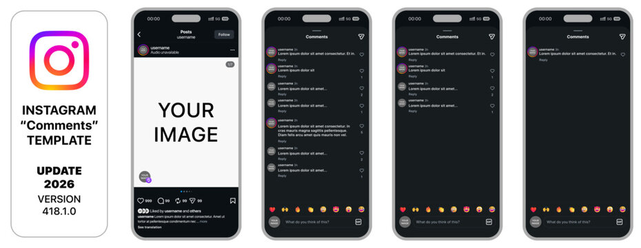 Instagram comments UI template 2026 update featuring modern comment thread layout, reply system, and interaction icons, editable vector design for social media app interfaces.