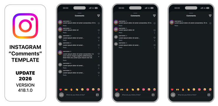 Instagram comments UI template 2026 update featuring modern comment thread layout, reply system, and interaction icons, editable vector design for social media app interfaces.