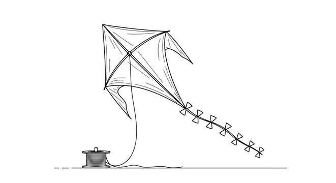 Traditional diamond shaped kite with a long tail flies high in the sky while connected to a thread spool on the ground.
