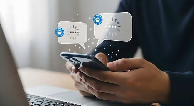 A person in a dark sweater holding a smartphone with floating digital chat bubbles containing robot and loading indicators, representing artificial intelligence and automated customer support