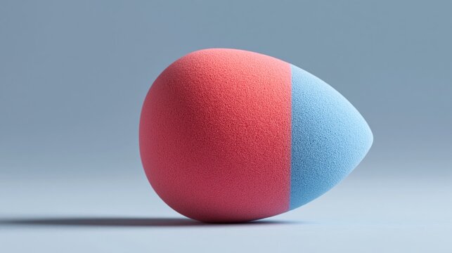 Makeup sponge in a teardrop shape featuring a split design with one half pink and the other half blue, placed on a smooth surface against a light gray background
