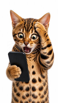 Extremely shocked bengal kitten with wild pattern holding smartphone and paw on head on white background