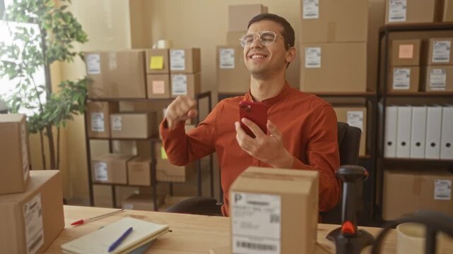Man fist pumps while reading smartphone and sitting at desk with shipping boxes, barcode scanner and notebook in a small business packing building; business joy.