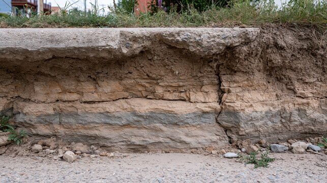 Cross section of soil and rock layers exposed by severe storm curb erosion.