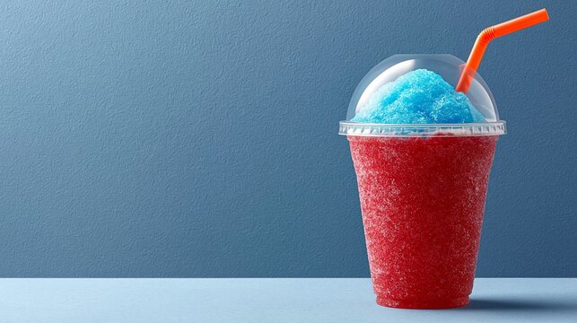 Red slush drink in a clear plastic cup with a blue ice topping and orange straw against a textured blue background