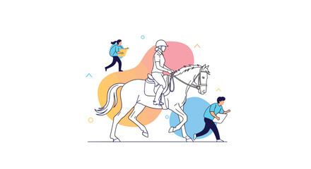 Fototapeta premium Equestrian rider on a white horse is accompanied by other people in an active and scenic outdoor horse riding and hiking scene.