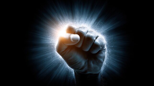 Powerful hand gripping light in darkness demonstrating strength, energy, and creative potential in a mystical atmosphere