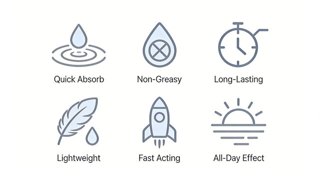 Water droplets, stopwatch, feather icon, skincare products quickly absorb, refreshing and non sticky, long-lasting makeup, lightweight formula, and fast acting skincare experience.
