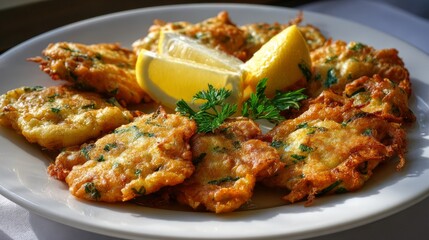 Fototapeta premium Golden fried fritters with parsley garnish & lemon wedges on a white plate, catching light