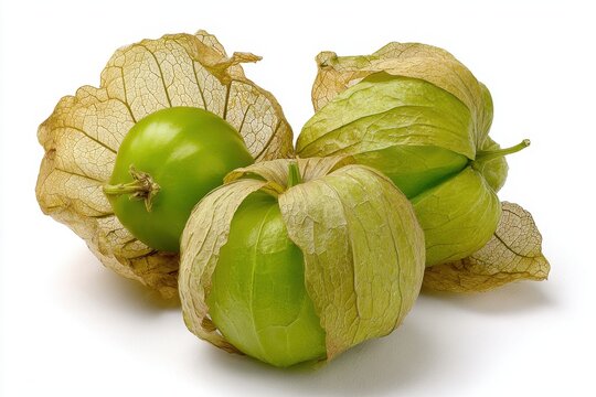Minimalist still life: trio of tomatillos on a plain white surface