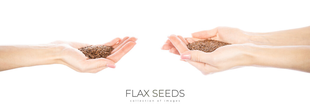 Flax seeds in woman's hands isolated on white background.
