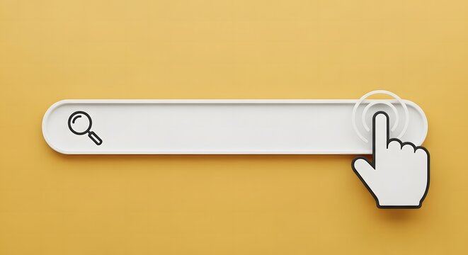 A3d rendered white search bar with a magnifying glass on a solid yellow background, featuring a cursor hand clicking the right side of the bar with ripple effects for user interface