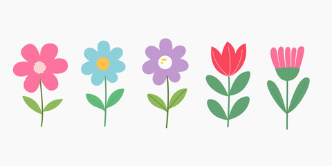 Colorful flower clipart set with simple botanical shapes and soft pastel style. Decorative floral vectors for greeting cards, posters, banners, labels, and planners © Partinem