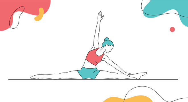 Woman in a fitness outfit performing a side split stretch on a white background with abstract colorful shapes.