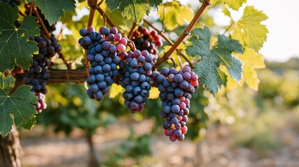 Fototapeta premium Bunches of green grapes hanging from vine branches covered in lush leaves, illuminated by bright sunlight in a vibrant vineyard.