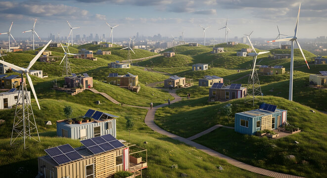 A picturesque sustainable community thriving on lush green hills, showcasing modern eco-friendly housing, numerous wind turbines, and solar energy solutions against a sprawling city backdrop