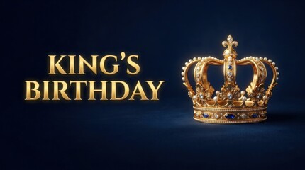 King's Birthday celebration banner, ornate golden crown with jewels on dark blue background, royal anniversary greeting card with elegant gold text