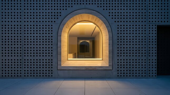 Architectural arched window glowing with symmetry and geometric wall design