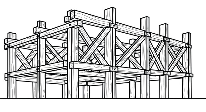 Intricate hand drawn architectural illustration of a timber frame house skeleton showing various wood joints and beams.