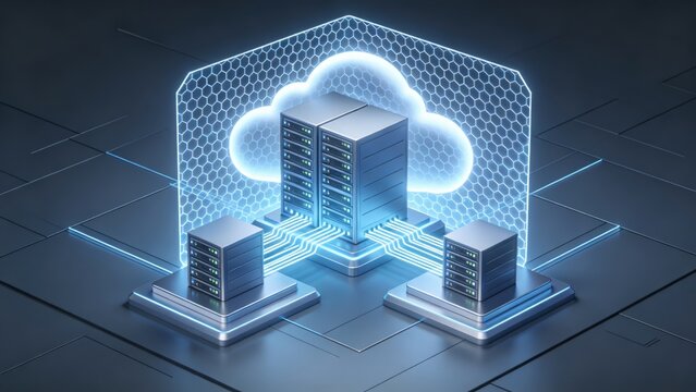 Cloud data center infrastructure with secure server network and protected cloud computing system, idea for cybersecurity cloud storage technology and enterprise digital transformation solutions