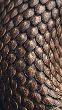 Detailed macro view showcasing the intricate layered texture of metallic brown scales on a fantasy mythical dragon creature