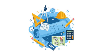 Fototapeta premium Architectural Engineering and Construction Concept Illustration with Blueprints, Hard Hat, and Drafting Tools