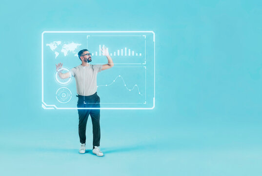 3D hologram metric screen with analyst in futuristic view