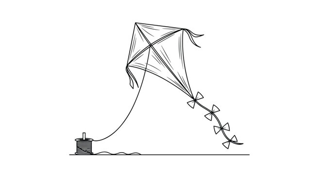 Traditional diamond shaped kite with a long tail and ribbon bows is ready for flying, connected to a spool of string on the ground.