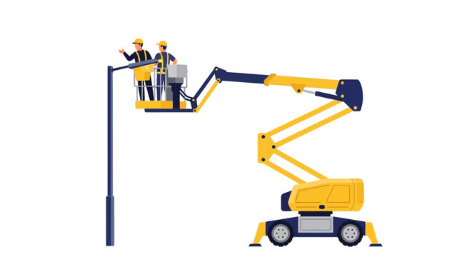 Maintenance Workers in Cherry Picker Repairing Street Light Pole - Flat Vector Illustration of Electricians on Boom Lift Platform