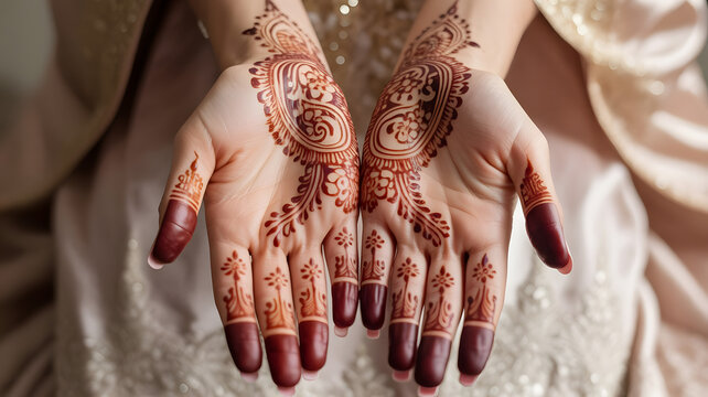 Intricately designed henna painted hands of a bride in traditional wedding attire