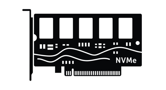 Silhouette of an NVMe solid state drive represents high-speed data storage and computer hardware components for performance enthusiasts.