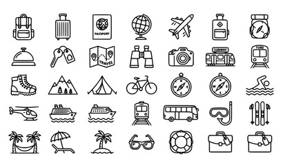 Tourism outline icons set with suitcase passport plane and travel elements in clean monoline vector style © BijoyChandra