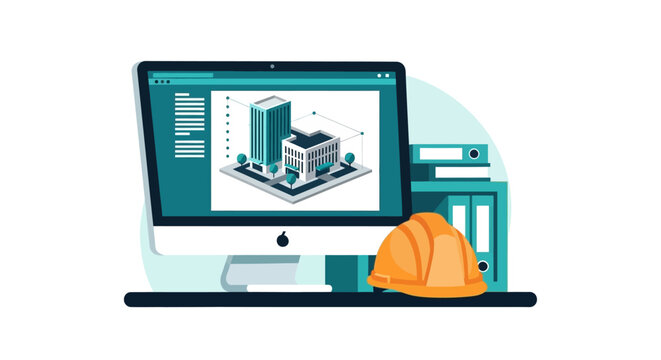 Architectural Engineering and Construction Management Illustration with Desktop Computer Showing 3D Building Design, Safety Helmet, and Office Files