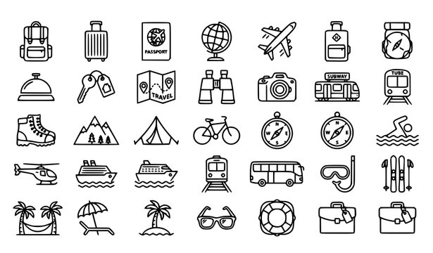 Tourism outline icons set with suitcase passport plane and travel elements in clean monoline vector style
