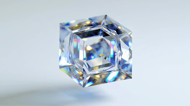 Elegant close up footage of a transparent crystal cube rotating in mid air, reflecting and refracting colorful light spots on a clean minimal background, ideal for luxury branding and design