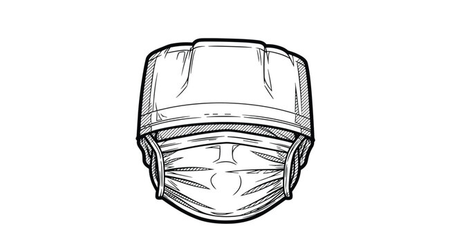 Line drawing of a surgical cap and medical face mask showing essential protective personal equipment used by doctors and nurses in a hospital.
