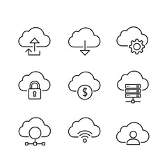 Obraz premium A comprehensive set of nine linear cloud computing icons illustrating various aspects like data upload, download, security, settings, storage, networking, and user access.