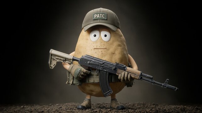 Cartoon potato character dressed in military attire holding an assault rifle, wearing a cap with the letters PATC, set against a dark, textured background