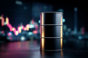 Fototapeta premium Sleek oil barrel stands on digital stock market background with downward trends