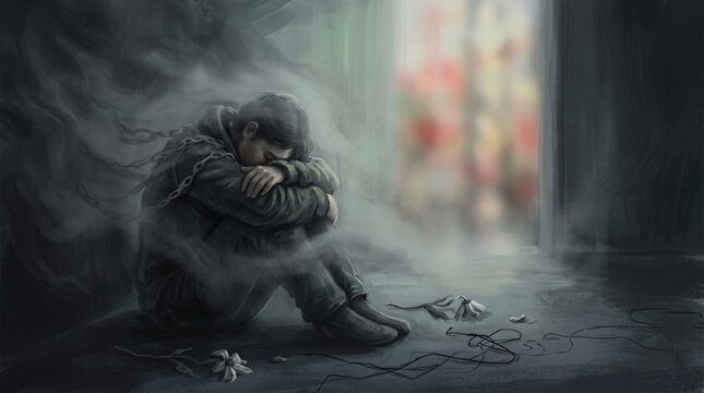 Depressed man sitting alone in the dark room with chains around his shoulders. Concept of emotional pain, mental health struggle, anxiety, sadness and feeling trapped in life. Art illustration.