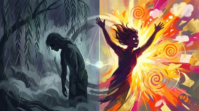 Woman transition depression to recovery. Girl finding inner joy, mental health healing. Conceptual illustration emotional change from sadness and rain to energy and light. Bipolar affective disorder.