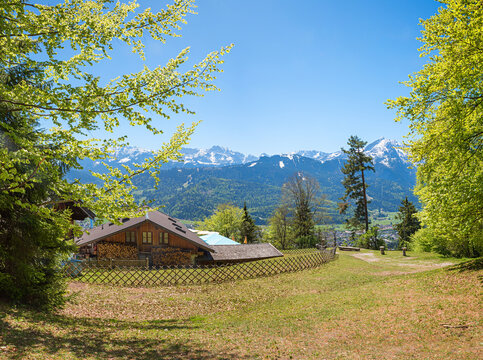 alpine hut above Garmisch. popular excursion destination at Kramer mountain trail, bavaria.