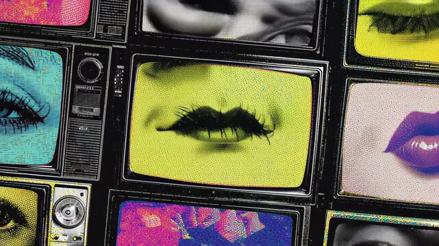 Dynamic collage of vintage television screens displaying colorful close ups of female eyes and lips with grainy texture and glitch effects, ideal for fashion, music, beauty or pop art themed projects
