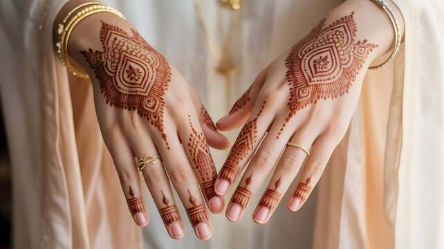 Beautiful hands with intricate henna designs on fingers and wrists for wedding or festive occasion. Generated with AI