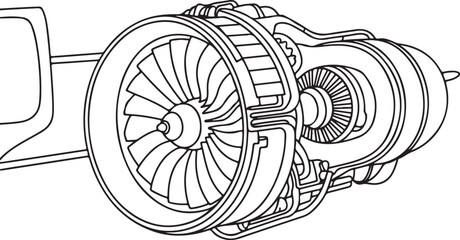 Detailed contour of an aircraft turbine from black lines isolated on a white background and Line Art Illustration © BULBULI