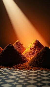 Tilted view of spice pyramids, geometric spice mounds cast in angled light ,  dutch angle,  spices