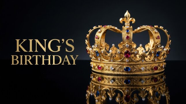 King's Birthday gold crown with jewels on black background, royal golden crown for king birthday celebration, majestic monarch headpiece