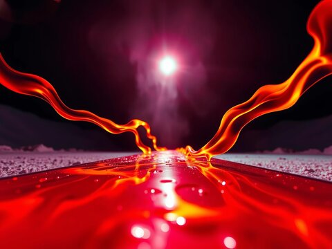 Vibrant wax streams flow like liquid fire across ski base, captured in a wide-angle, low-angle spectacle,  vibrant colors,  molten wax