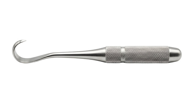 Surgical bone hook with knurled handle, stainless steel orthopedic retractor, professional medical instrument for surgery isolated on white background